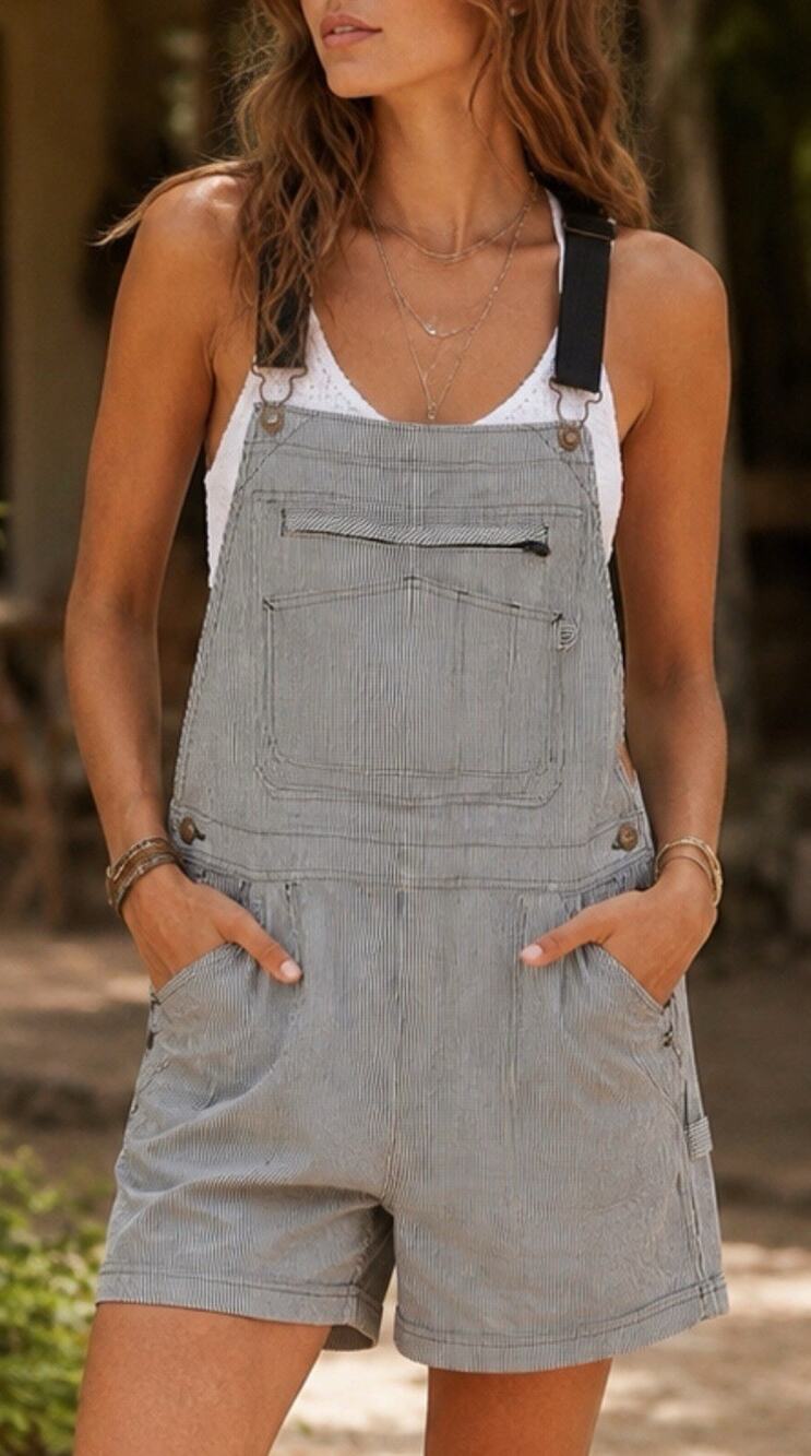 Duluth Trading Heirloom Railroad Striped Bib Shorts Overalls Sz L discontinued - Picture 1 of 7